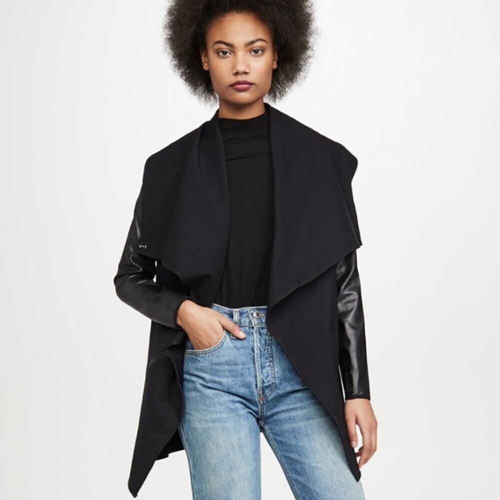 SPANX Faux Leather Convertible Drape Front Jacket Very Black Size Small